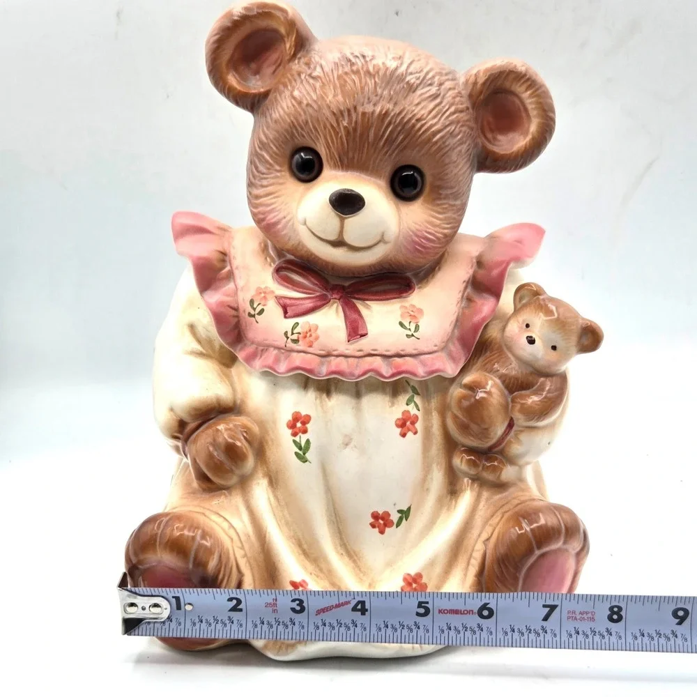 Mama Teddy Bear in Nightgown Cookie Jar Glass Eyes Holding Teddy Vintage 1980's
